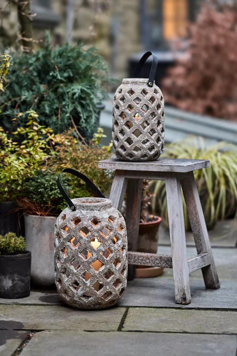 Outdoor Lighting | Weathered Lattice Stoneware Lantern Ivory Garden Ivory