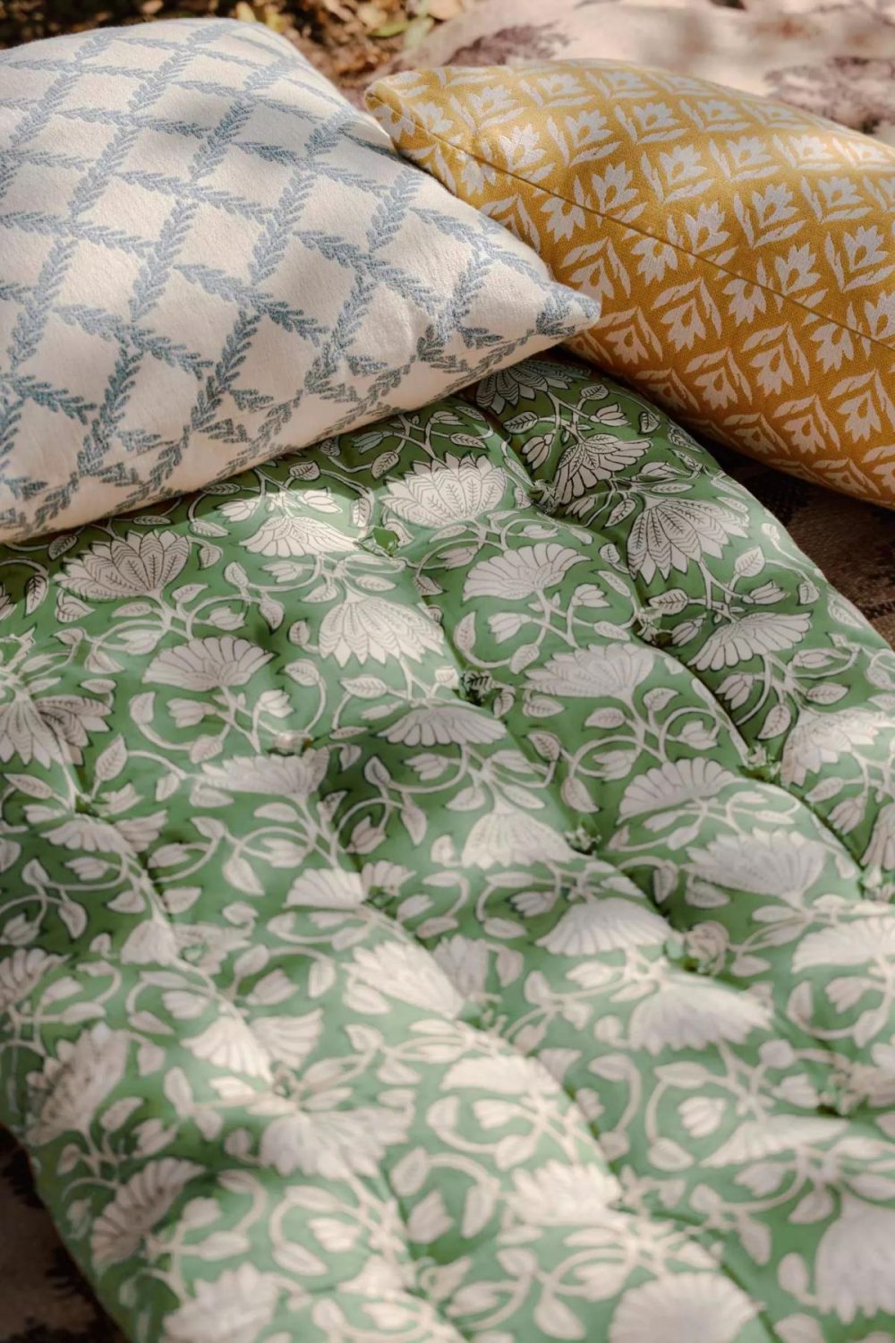 Outdoor Décor | Tufted Cotton Floor Cushion, Fan Floral Green Motif Garden Green Motif