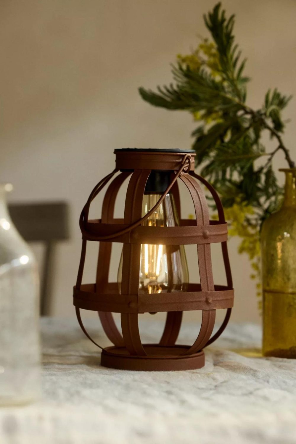 Outdoor Lighting | Caged Metal Solar Lantern Brown Garden Brown