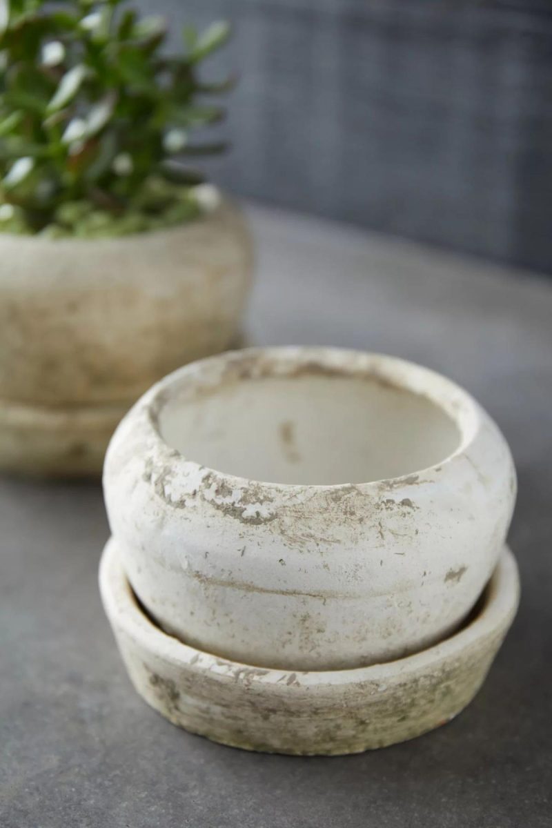 Planters | Earth Fired Clay White Curve Pots + Saucers, 2 Sizes Set White Garden Planters