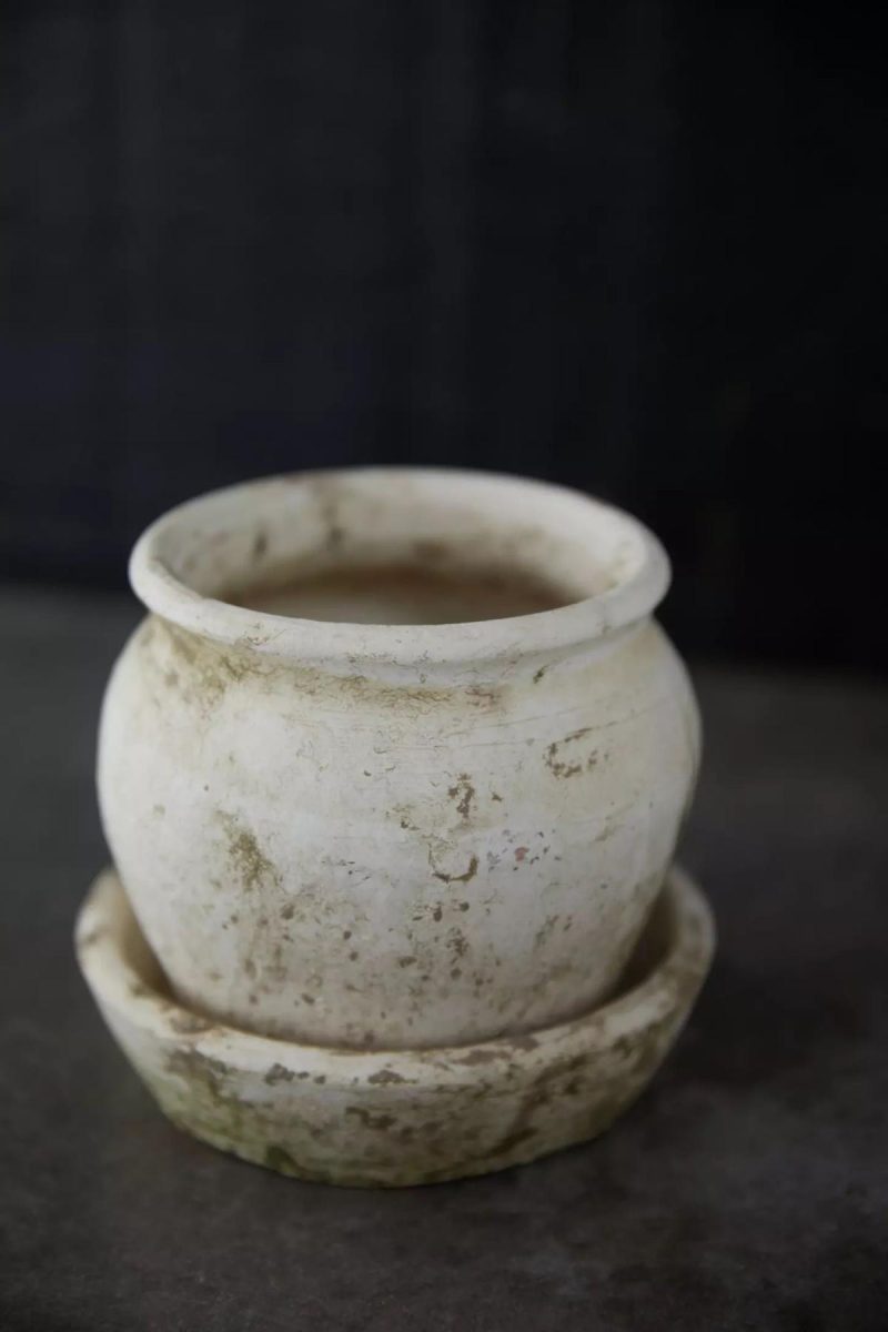 Planters | Earth Fired Clay White Curve Pots + Saucers, 3 Sizes Set White Garden Planters