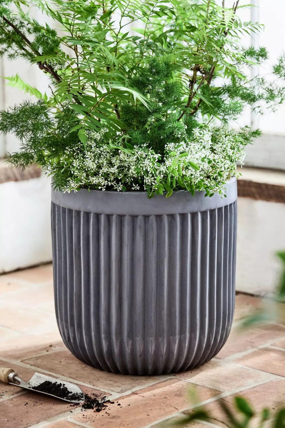 Planters | Fiber Concrete Barrel Pot, 16 Black Garden Black